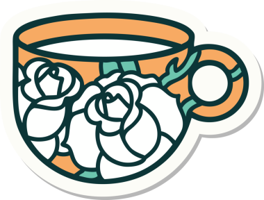 Geleneksel bir kupa stili dövme çıkartması ve bir insan tarafından çizilmiş çiçekler.