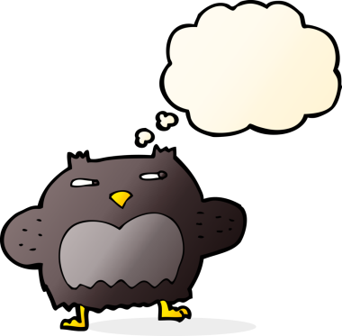 Bir insan tarafından çizilmiş düşünce baloncuklu şüpheli baykuş çizgi filmi.