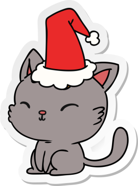 Bir insan tarafından çizilmiş kawaii kedisinin el çizimi Noel çıkartması.