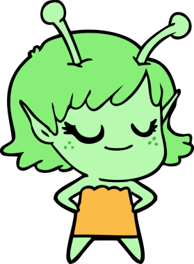 Bir insan tarafından çizilmiş gülümseyen uzaylı kız çizgi filmi.