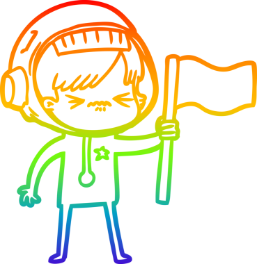 Gökkuşağı gradyan çizgisi kızgın çizgi film kızı bir insan tarafından çizilmiş bayrak sallıyor.