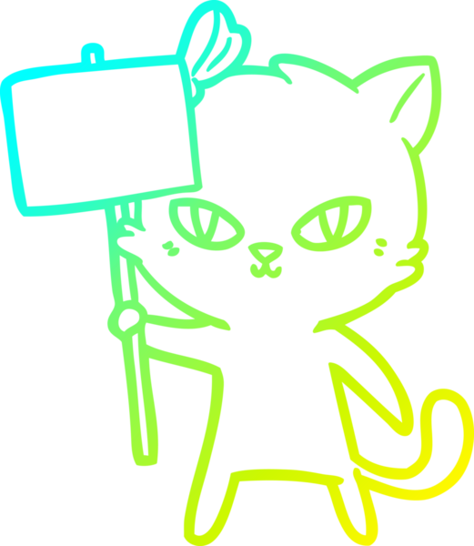 Bir insan tarafından çizilmiş protesto işareti olan şirin bir çizgi film kedisinin soğuk gradyan çizgisi.