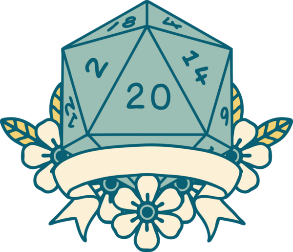 Retro Dövme Biçimi Doğal 20 kritik vuruş D20 zar bir insan tarafından çizildi