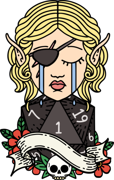 Retro Dövme Tarzı Hüzünlü elf karakteri yüzü ve bir insan tarafından çizilmiş bir d20 rulosu.