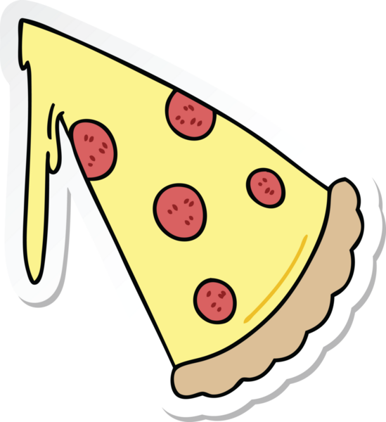 Bir insan tarafından çizilmiş tuhaf bir pizza diliminin çıkartması.