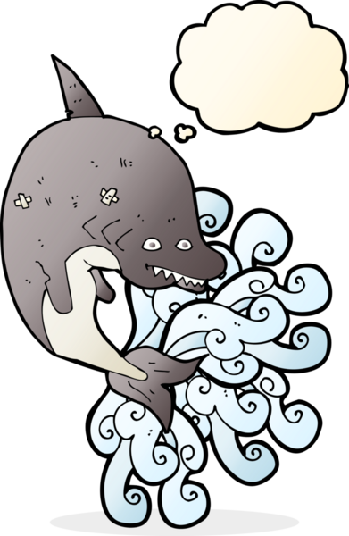 Bir insan tarafından çizilmiş düşünce baloncuklu çizgi film köpekbalığı.