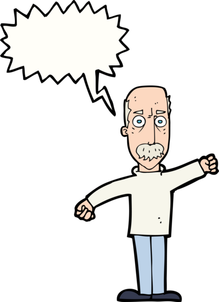 Bir insan tarafından çizilmiş konuşma balonlu kızgın yaşlı adam çizgi filmi.
