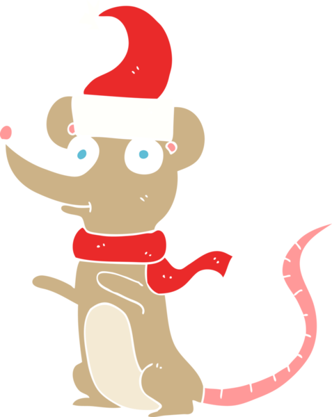 Bir insan tarafından çizilmiş Noel şapkası takan bir farenin düz renk çizimi