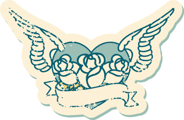 Bir insan tarafından çizilmiş çiçek ve pankartıyla uçan bir kalbin sembolik dövmeli resmi.