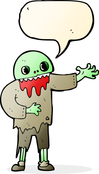 Bir insan tarafından çizilmiş konuşma balonu olan garip bir zombi çizgi filmi.