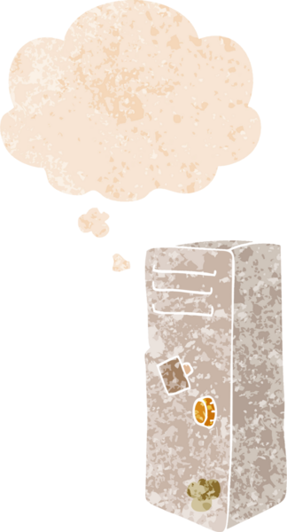 Düşünce baloncuklu çizgi film dolabı grunge sıkıntılı retro dokuma tarzı bir insan tarafından çizilmiş
