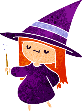 Bir insan tarafından çizilmiş sevimli bir kawai cadısının eski çizgi film çizimi.