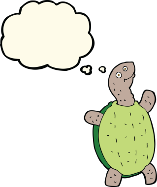 Bir insan tarafından çizilmiş düşünce baloncuklu mutlu kaplumbağa.