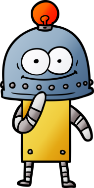 Bir insan tarafından çizilmiş ampullü mutlu karton robot.