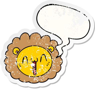 Konuşma baloncuğu olan çizgi film aslanı suratı bir insan tarafından çizilmiş sıkıntılı eski bir çıkartma