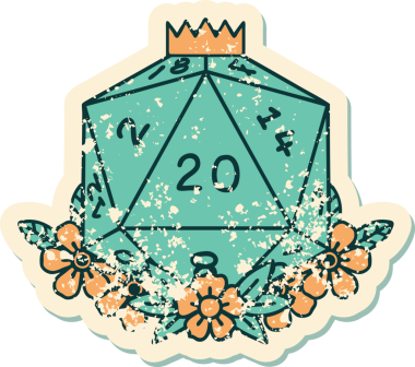 Bir insan tarafından çizilmiş çiçek elementleriyle 20 D20 zarının grunge sticker 'ı.