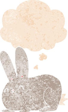 Düşünce baloncuklu çizgi film tavşanı grunge dertli eski moda bir insan tarafından çizilmiş.