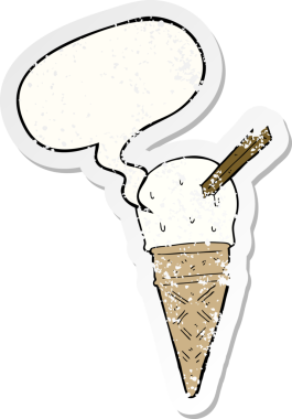 Konuşma balonlu çizgi film dondurması bir insan tarafından çizilmiş sıkıntılı eski bir çıkartma