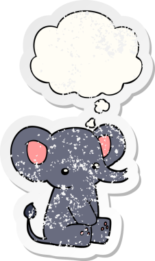 Düşünce baloncuğu olan karikatür fili insan tarafından çizilmiş yıpranmış bir çıkartma gibi.