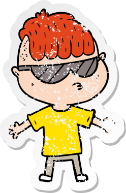 Bir insan tarafından çizilmiş güneş gözlüğü takan çizgi film karakterinin sıkıntılı çıkartması.