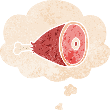 Düşünce baloncuğuyla pişmiş et ve grunge dertli retro dokuma bir insan tarafından çizilmiş