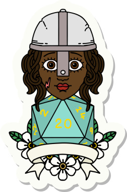 Bir insan tarafından çizilmiş doğal 20 D20 ruloya sahip bir insan dövüşçüsünün çıkartması.