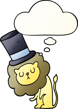 Düşünce baloncuklu silindir şapkalı şirin çizgi film aslanı bir insan tarafından çizilmiş.