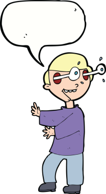 Bir insan tarafından çizilmiş konuşma baloncuğuyla gözleri fırlayan çizgi film çocuğu.