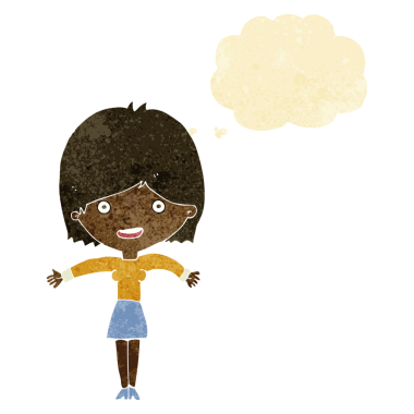 Bir insan tarafından çizilmiş düşünce baloncuğu olan heyecanlı bir kadın.