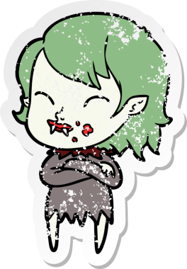 Bir insan tarafından çizilmiş yanağında kan olan vampir bir kızın sıkıntılı çıkartması.