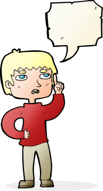 Bir insan tarafından çizilmiş bir konuşma balonuyla soru soran çizgi film çocuğu.