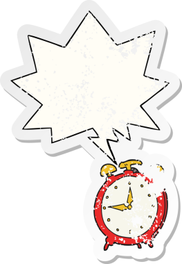 Bir insan tarafından çizilmiş, sıkıntılı, eski bir çıkartma olan, konuşma balonlu çizgi film çalar saati.