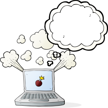 Bir insan tarafından çizilmiş bomba sembollü baloncuk dizüstü bilgisayar.