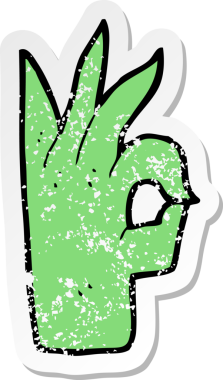 Çizgi filmin gerilimli retro çıkartması. Bir insan tarafından çizilmiş el hareketi.