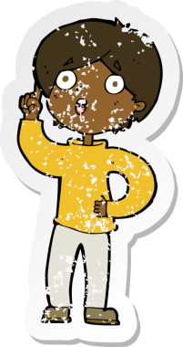 İnsan tarafından çizilmiş bir fikri olan karikatürist bir çocuğun gerilimli retro yapıştırması.