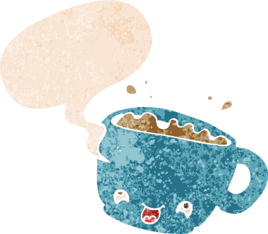 Bir insan tarafından çizilmiş grunge dertli retro desenli konuşma baloncuklu bir fincan kahve.