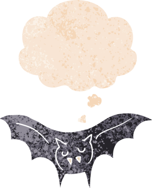 Düşünce baloncuğu olan çizgi vampir yarasa bir insan tarafından çizilmiş dertli retro tarzı