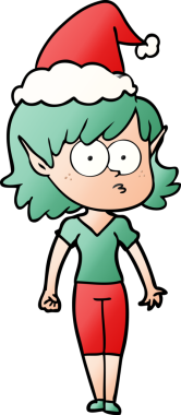 Bir insan tarafından çizilmiş Noel Baba şapkası giymiş bir elf kızının el çizimi karikatürü.