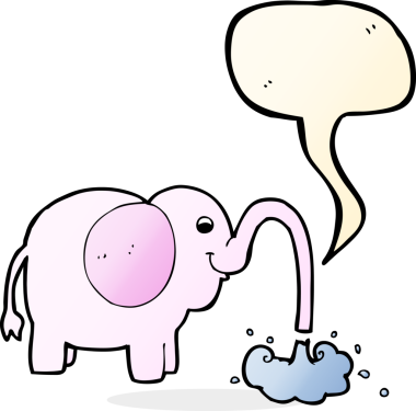 Bir insan tarafından çizilmiş konuşma baloncuğuyla su fışkırtan çizgi film fili.