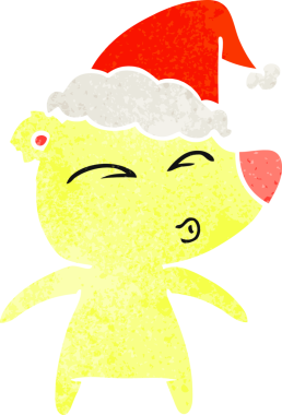 Bir insan tarafından çizilmiş Noel Baba şapkası giyen bir ayının el çizimi karikatürü.