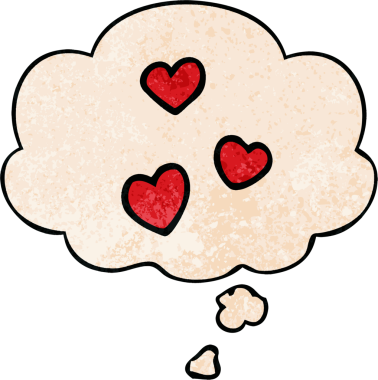 insan tarafindan çizilmis grunge dokuma tarzinda dusunce baloncuklari olan karikatür ask kalbi.