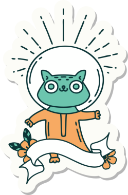 Bir insan tarafından çizilmiş astronot kostümlü dövme stili bir kedinin çıkartması.