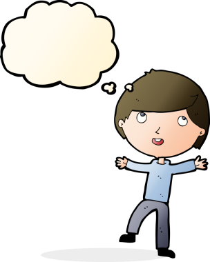 Bir insan tarafından çizilmiş düşünce balonu olan mutlu çocuk çizgi filmi.