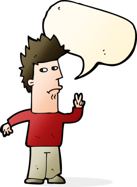 Bir insan tarafından çizilmiş konuşma balonuyla barış işareti yapan çizgi film adamı.