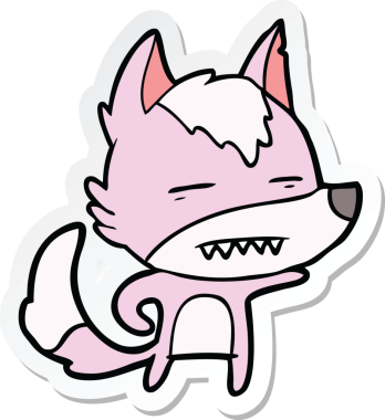 Bir insan tarafından çizilmiş dişleri gösteren bir kurt çizgi film etiketi.