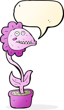 Bir insan tarafından çizilmiş konuşma balonlu canavar bitkisi.