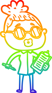 Gökkuşağı gradyan çizgi çizimi. Bir insan tarafından çizilmiş gözlük takan bir karikatür yöneticisi kadın.