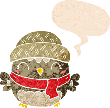 Şapkalı sevimli bir baykuş, grunge 'da konuşma baloncuğu olan sıkıntılı eski moda bir insan tarafından çizilmiş.