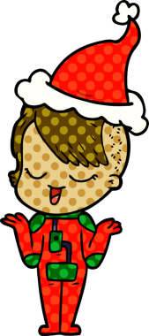 Mutlu el çizimi çizgi roman stili. Uzay elbisesi içinde Noel Baba şapkası takan bir kız.