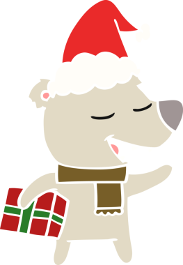 Bir insan tarafından çizilmiş Noel Baba şapkası takan bir ayının düz renkli çizimi.